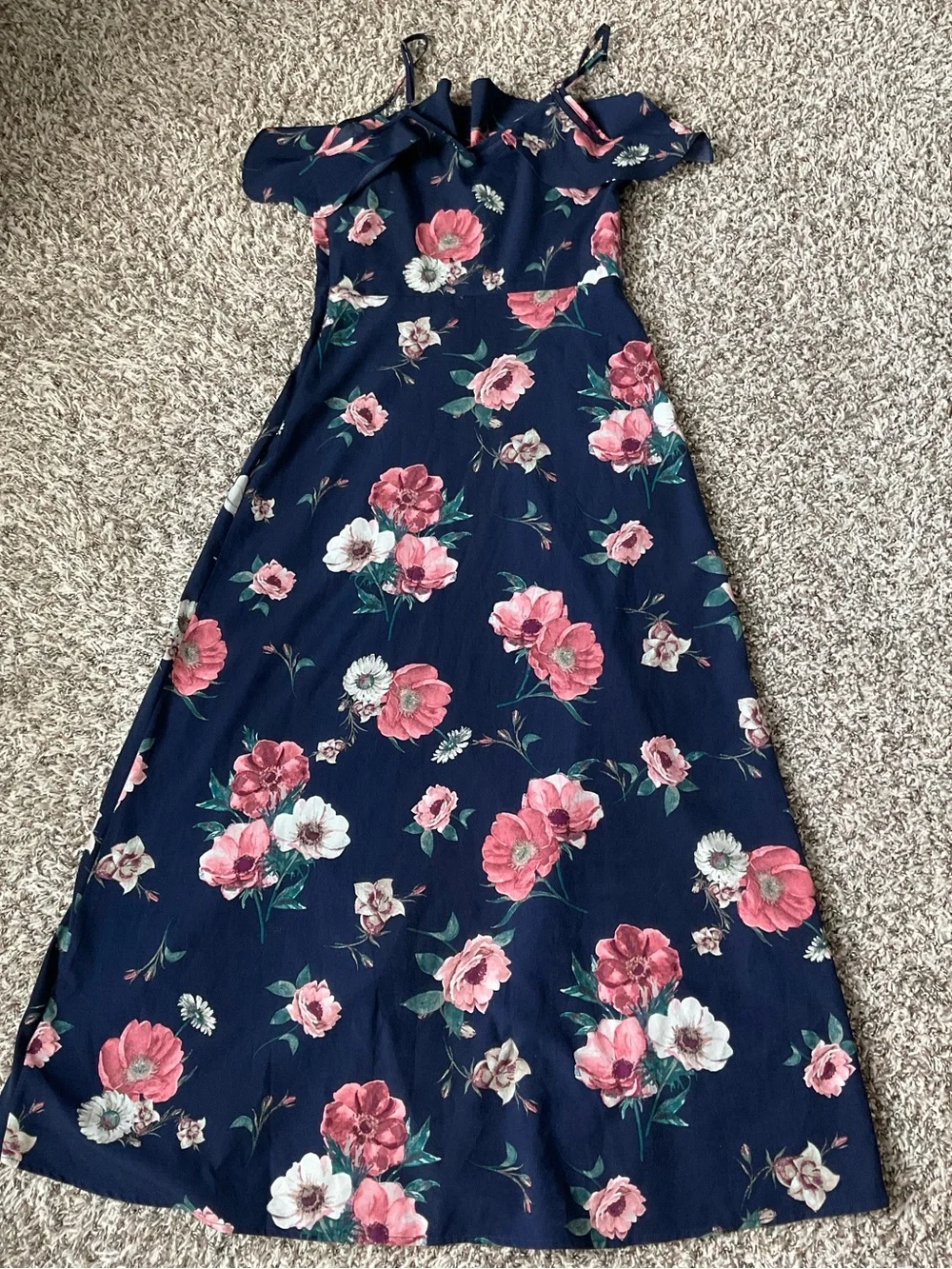 Altar'd State Floral Maxi Dress S Navy Ruffle Boho Button Top Sorority Rush Fest